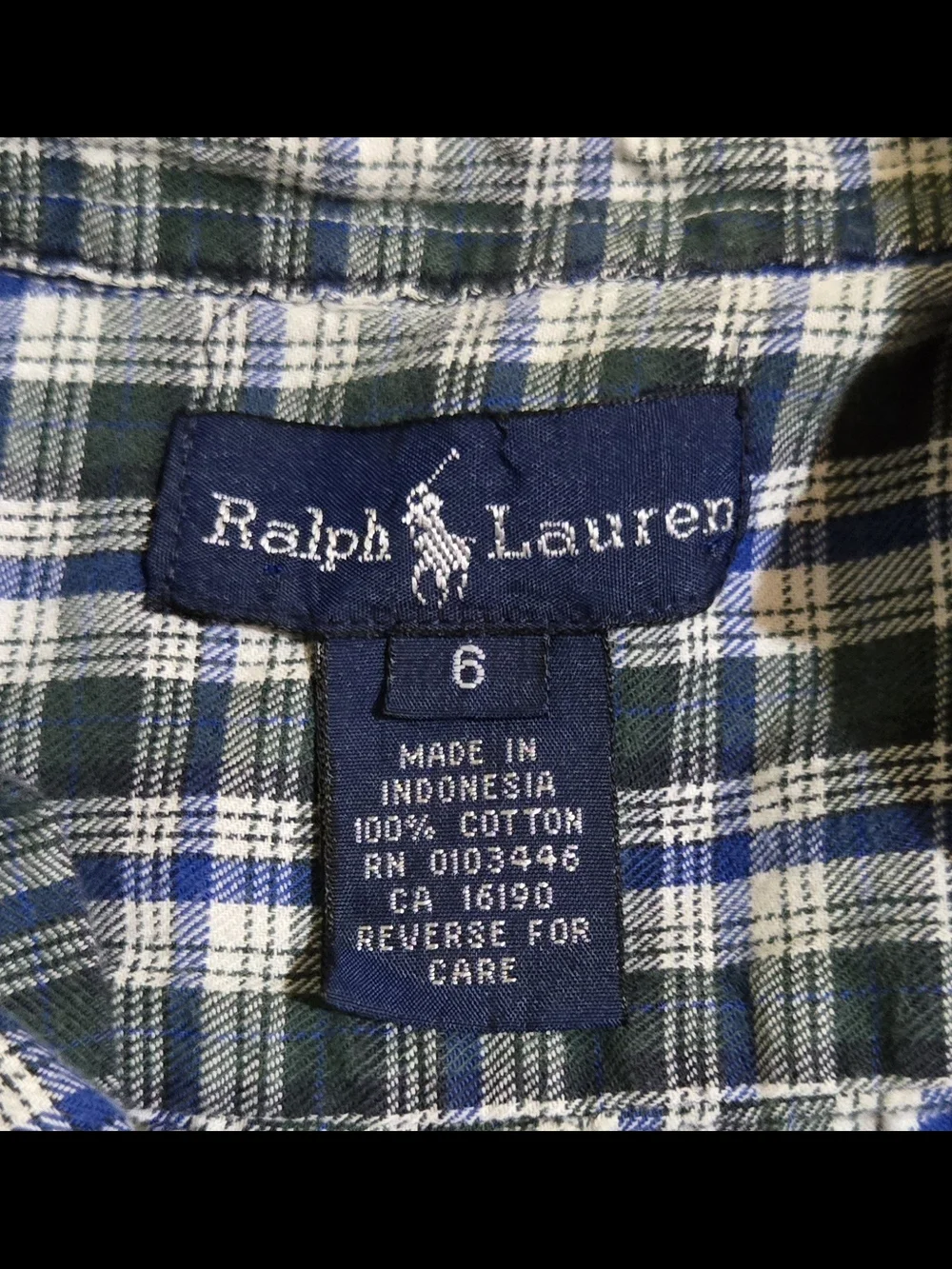 Ralph Lauren Boys Sz 6 Plaid Button Down Shirt Blue Green 100% Cotton Pony Logo